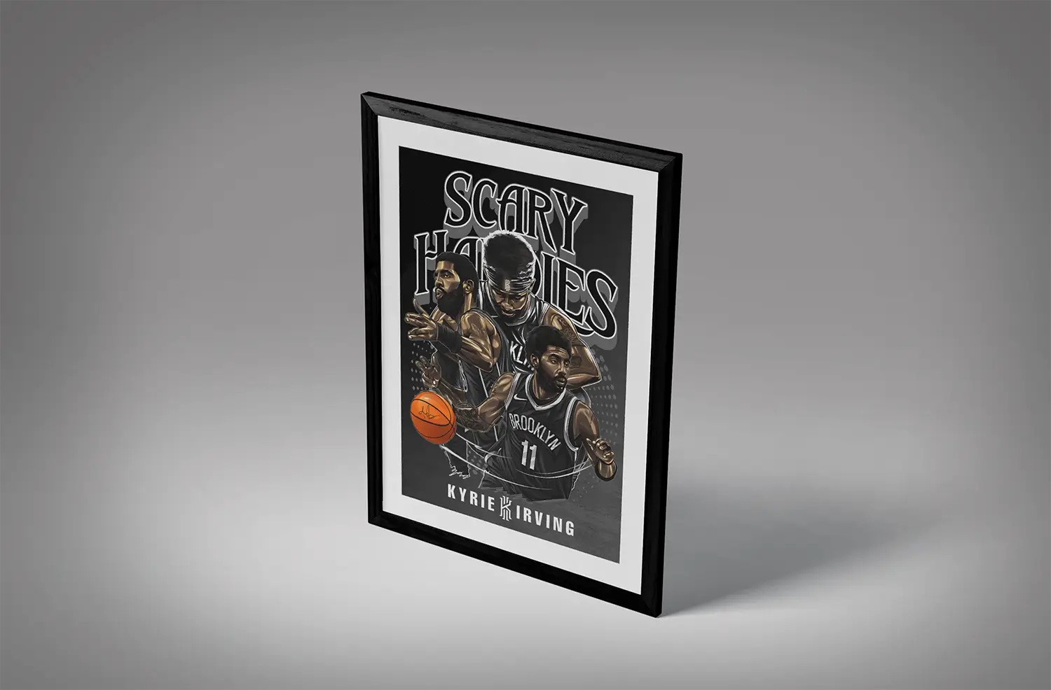 Scary Handles Kyrie Irving Framed Black Grey BG Mockup 03 Scary Handles Kyrie Irving Framed Black Grey BG Mockup 03