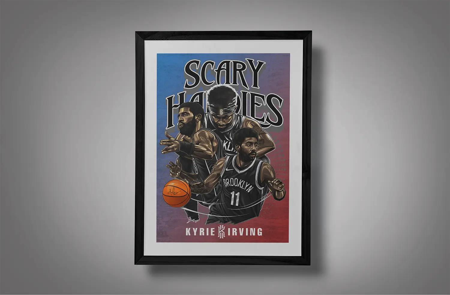 Scary Handles Kyrie Irving Framed Blue Red BG Mockup 01 Scary Handles Kyrie Irving Framed Blue Red BG Mockup 01