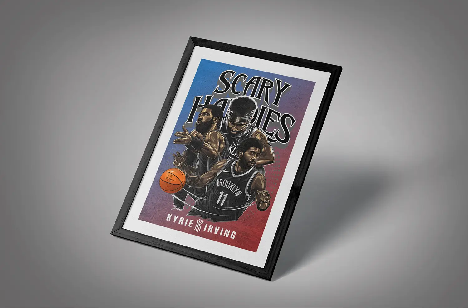 Scary Handles Kyrie Irving Framed Blue Red BG Mockup 02 Scary Handles Kyrie Irving Framed Blue Red BG Mockup 02