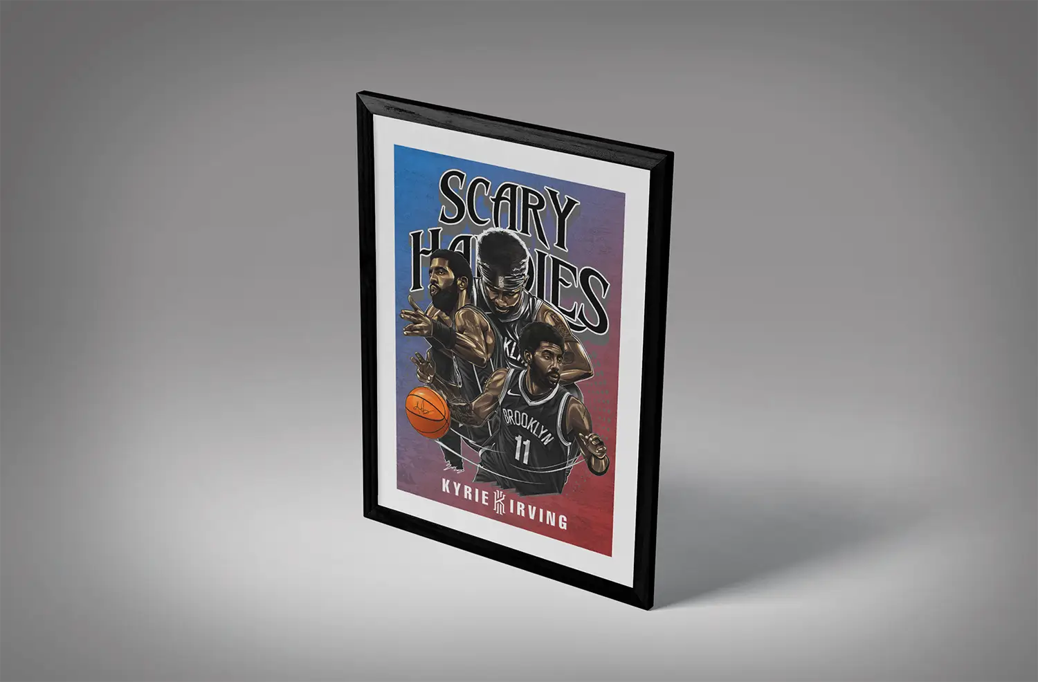Scary Handles Kyrie Irving Framed Blue Red BG Mockup 03 Scary Handles Kyrie Irving Framed Blue Red BG Mockup 03