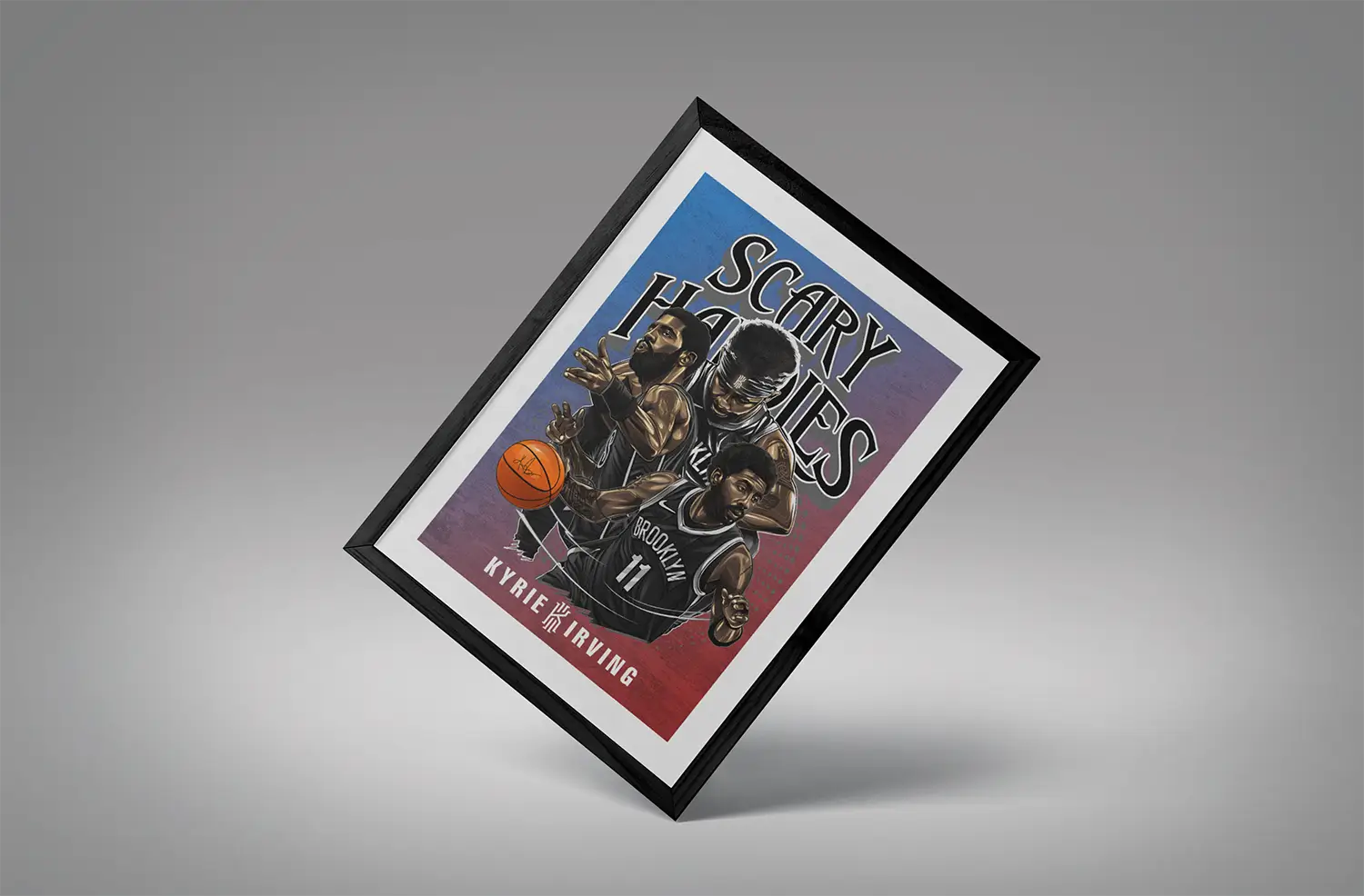 Scary Handles Kyrie Irving Framed Blue Red BG Mockup 04 Scary Handles Kyrie Irving Framed Blue Red BG Mockup 04