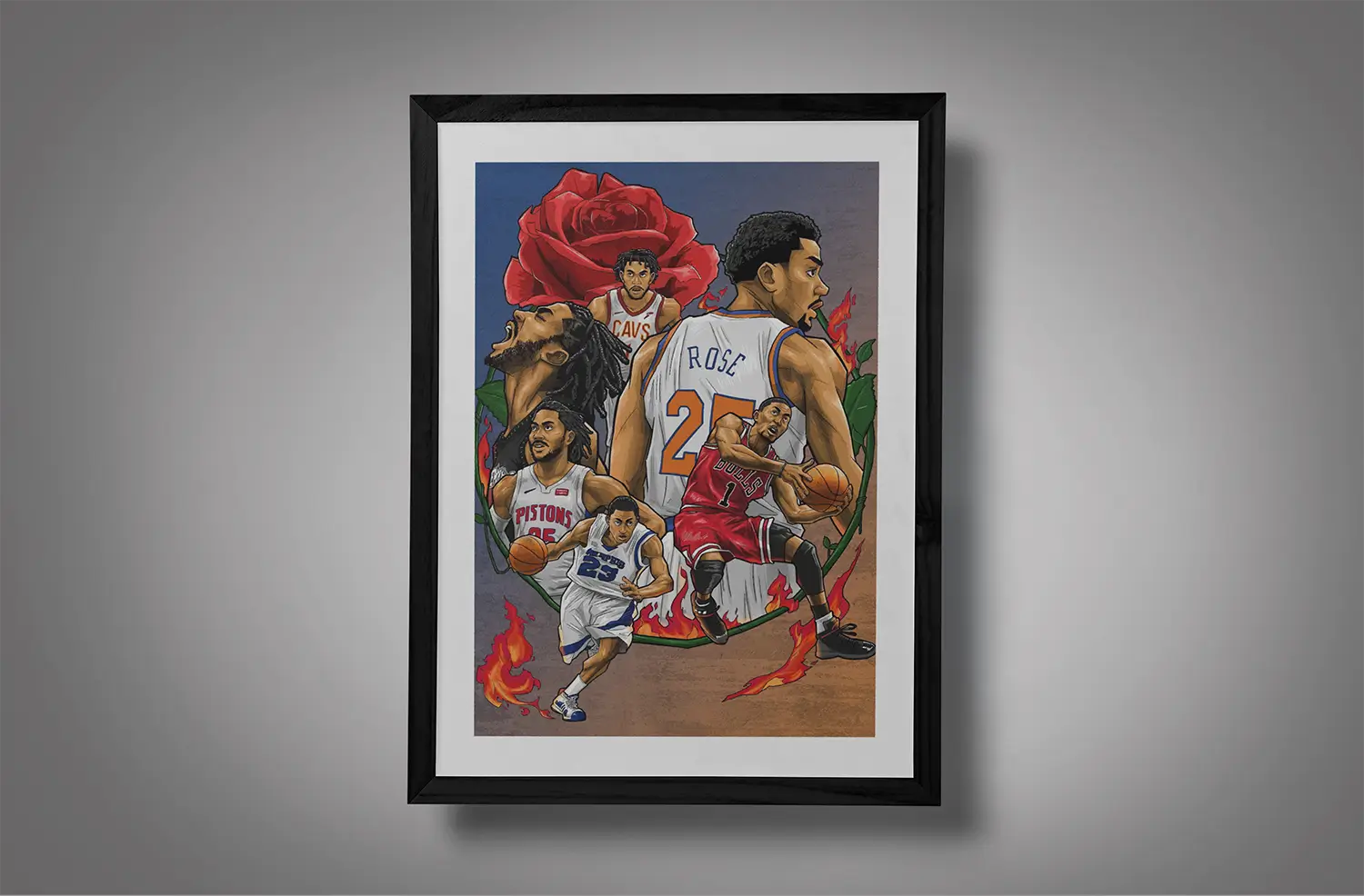 Derrick Rose Teams Framed Blue Orange BG Mockup 01